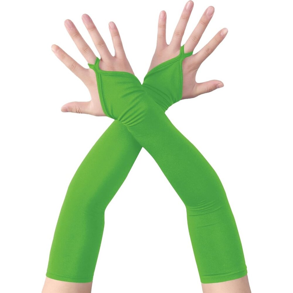 Women's Finger Loop Lime Green Elegant Spandex Elbow Length Satin Gloves